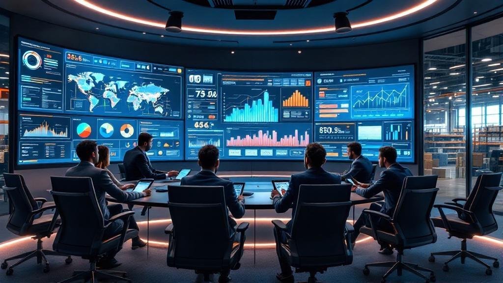Business dashboard screens displaying logistics data and analytics, representing AI-enabled workflow automation