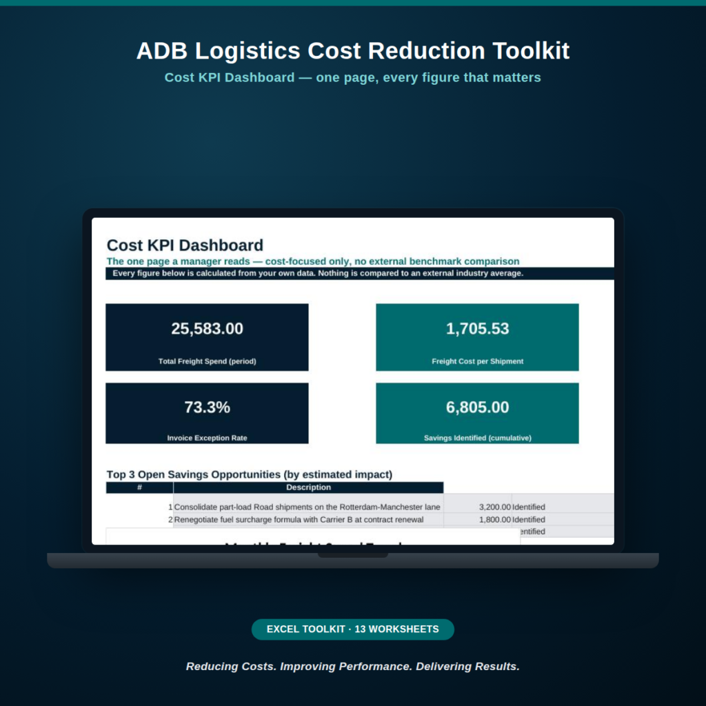 ADB Logistics Cost Reduction Toolkit — Cost KPI Dashboard shown on laptop screen